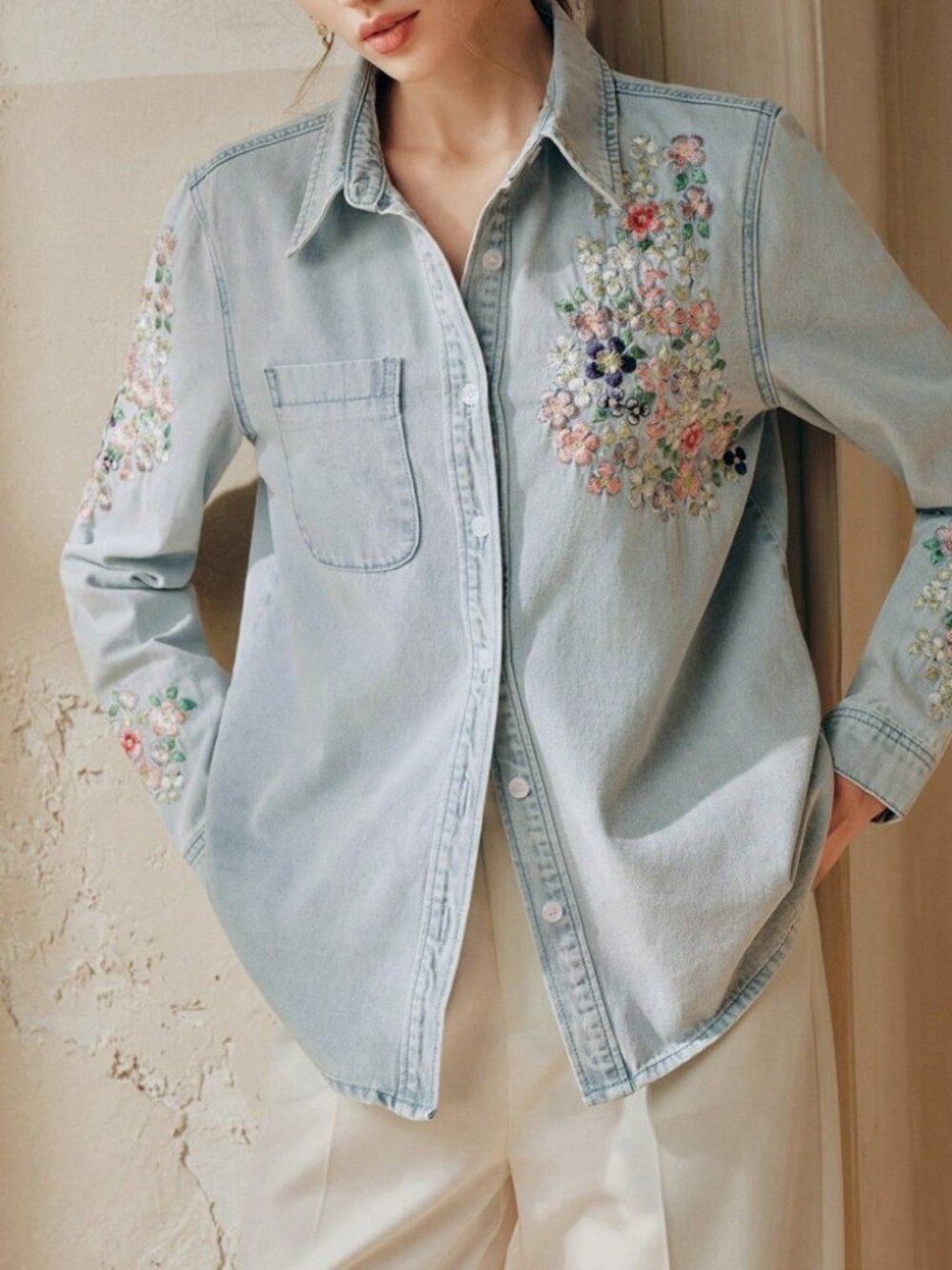 Light Wash Denim Shirt with Floral Embroidery